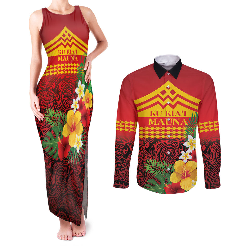 Hawaii Ku Kia'i Mauna Personalized Couples Matching Tank Maxi Dress and Long Sleeve Button Shirt Hibiscus Kakau Pattern LT9 Red - Polynesian Pride