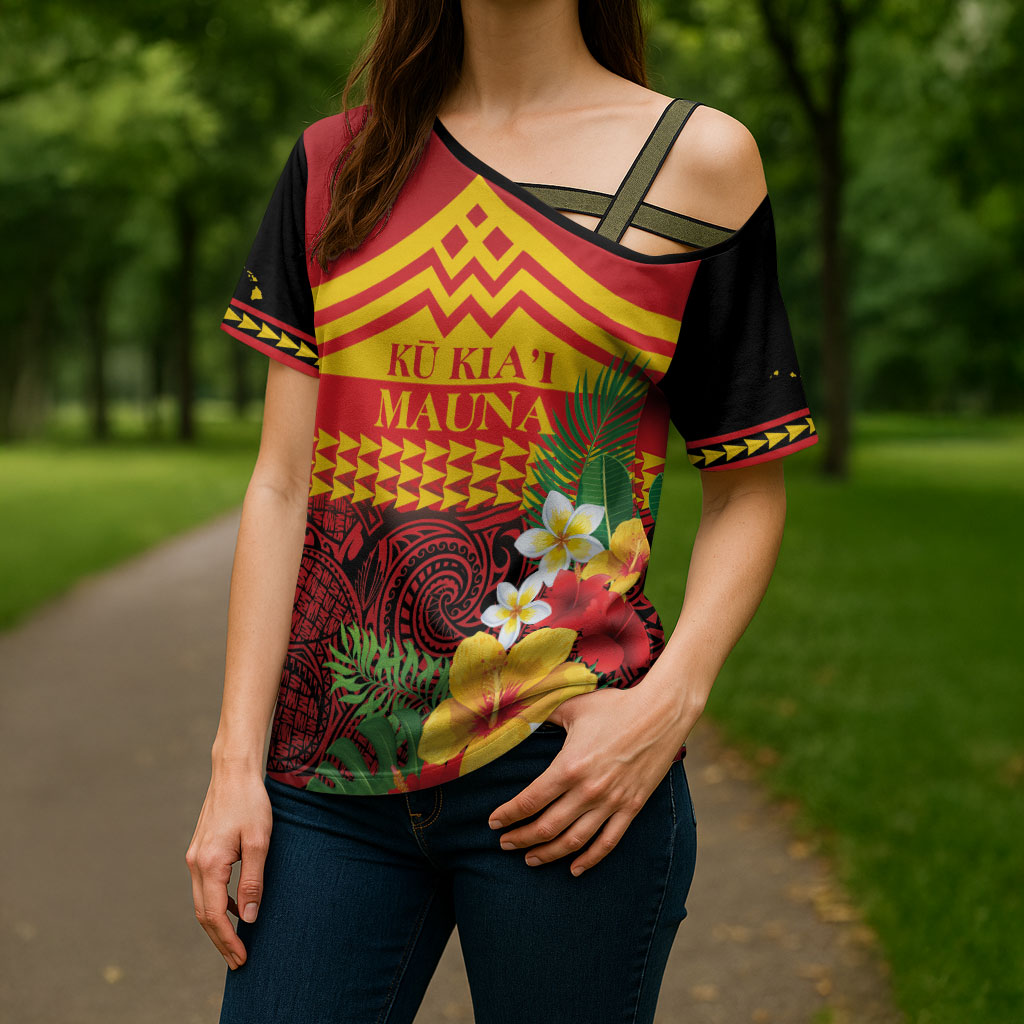 Hawaii Ku Kia'i Mauna Personalized Cross Shoulder Shirt Hibiscus Kakau Pattern