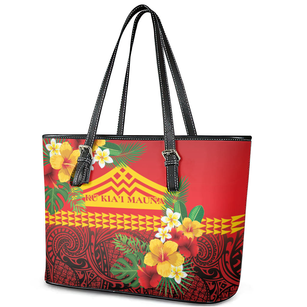 Hawaii Ku Kia'i Mauna Leather Tote Bag Hibiscus Kakau Pattern