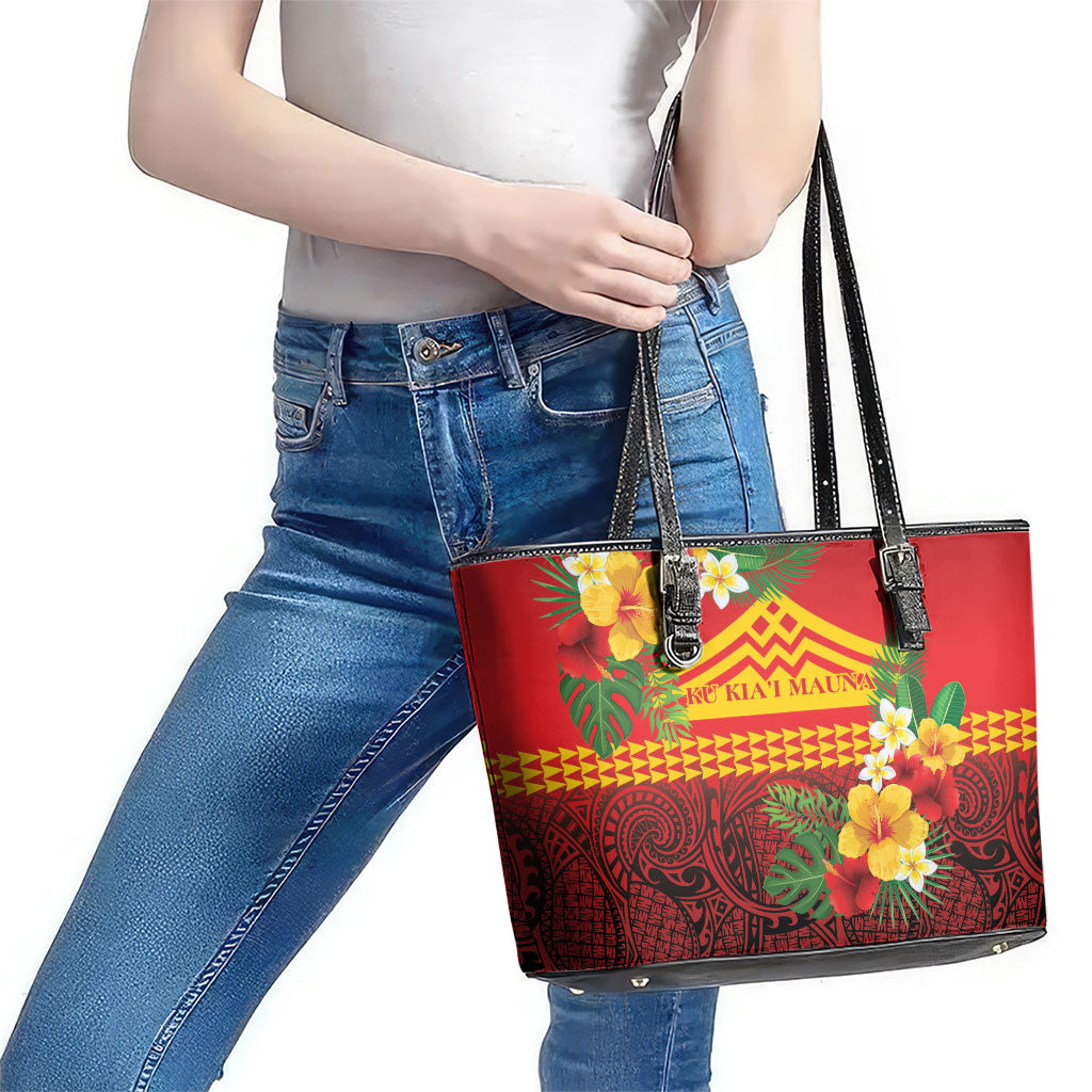 Hawaii Ku Kia'i Mauna Leather Tote Bag Hibiscus Kakau Pattern