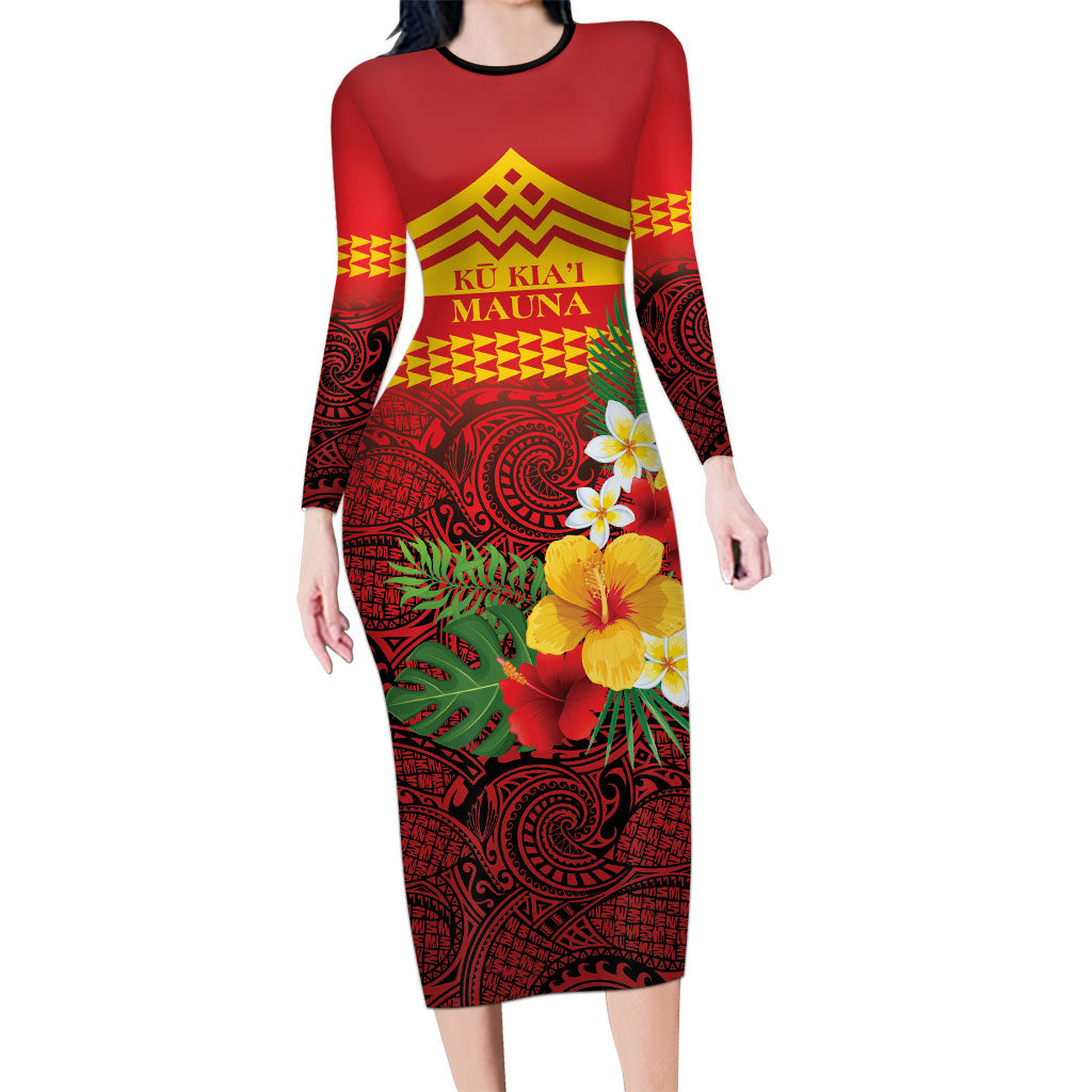 Hawaii Ku Kia'i Mauna Personalized Long Sleeve Bodycon Dress Hibiscus Kakau Pattern LT9 Long Dress Red - Polynesian Pride
