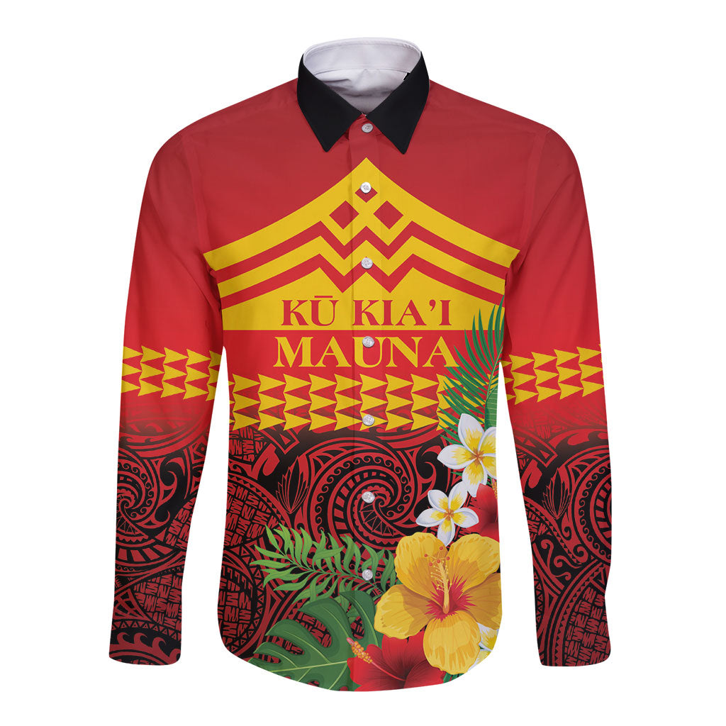 Hawaii Ku Kia'i Mauna Personalized Long Sleeve Button Shirt Hibiscus Kakau Pattern LT9 Unisex Red - Polynesian Pride