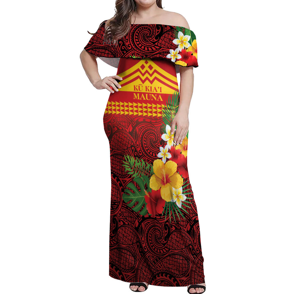 Hawaii Ku Kia'i Mauna Personalized Off Shoulder Maxi Dress Hibiscus Kakau Pattern LT9 Women Red - Polynesian Pride