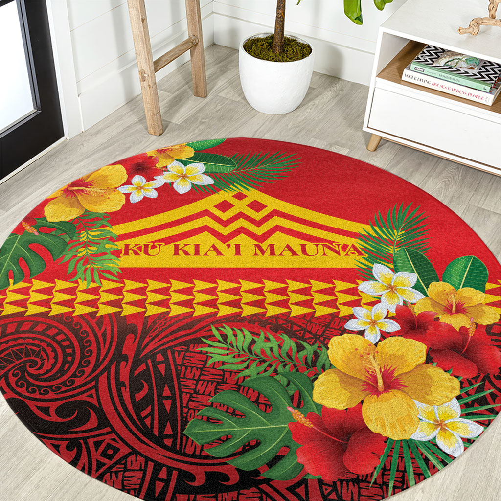 Hawaii Ku Kia'i Mauna Round Carpet Hibiscus Kakau Pattern LT9 Red - Polynesian Pride