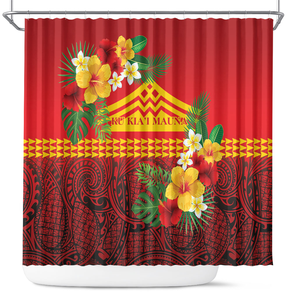 Hawaii Ku Kia'i Mauna Shower Curtain Hibiscus Kakau Pattern LT9 Red - Polynesian Pride