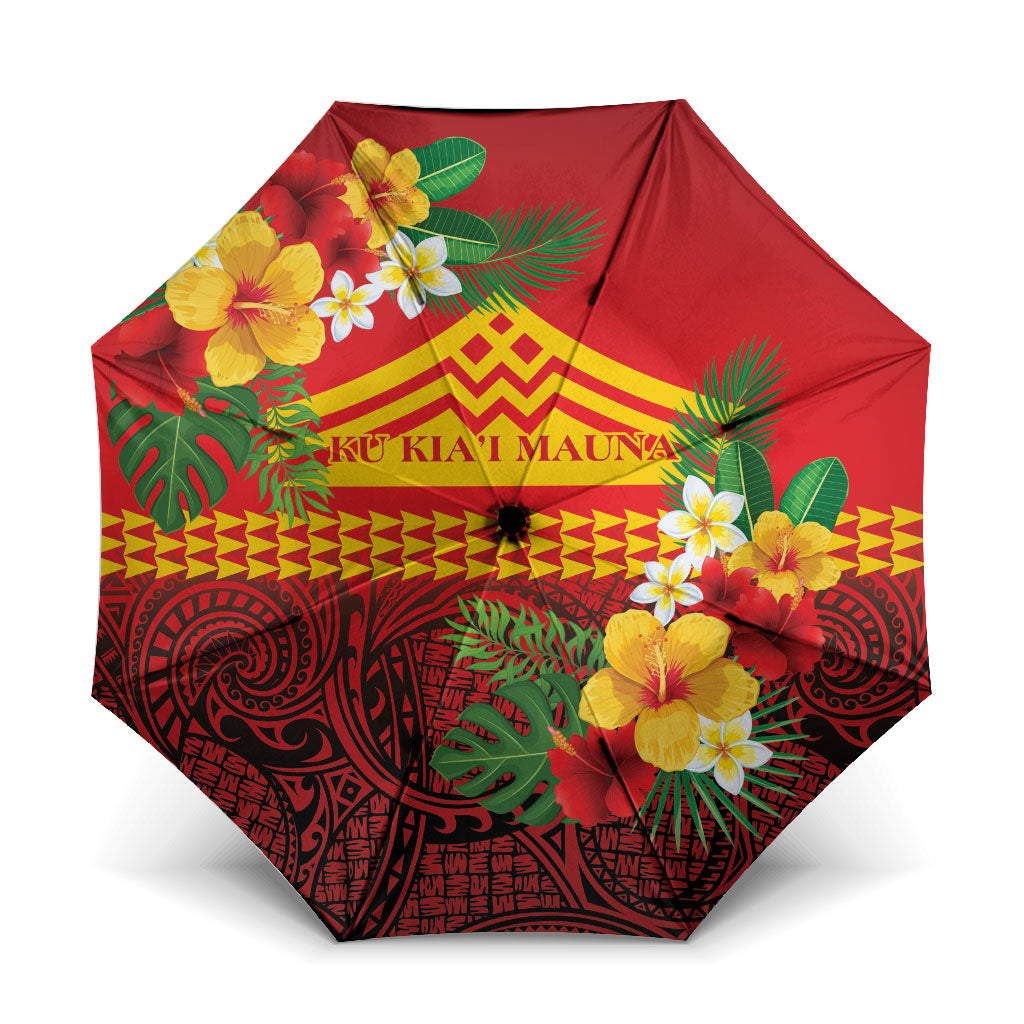 Hawaii Ku Kia'i Mauna Umbrella Hibiscus Kakau Pattern LT9 One Size Folded 11.42 inch Opened Diameter 37.4 inch Red - Polynesian Pride
