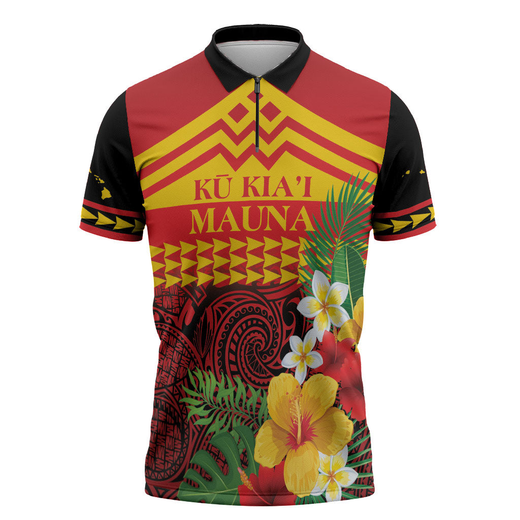 Hawaii Ku Kia'i Mauna Personalized Zipper Polo Shirt Hibiscus Kakau Pattern LT9 Red - Polynesian Pride