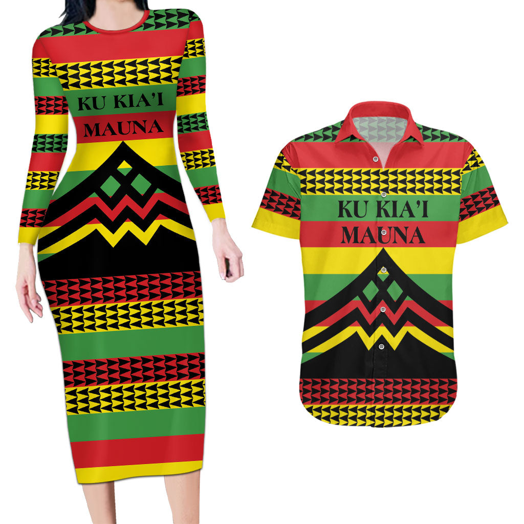 Hawaii Ku Kia'i Mauna Personalized Couples Matching Long Sleeve Bodycon Dress and Hawaiian Shirt Hawaiian Kanaka Maoli Motif