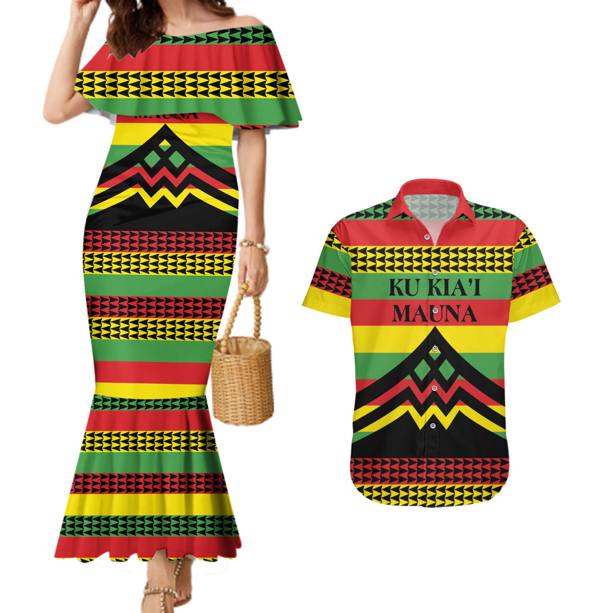 Hawaii Ku Kia'i Mauna Personalized Couples Matching Mermaid Dress and Hawaiian Shirt Hawaiian Kanaka Maoli Motif LT9 Green - Polynesian Pride