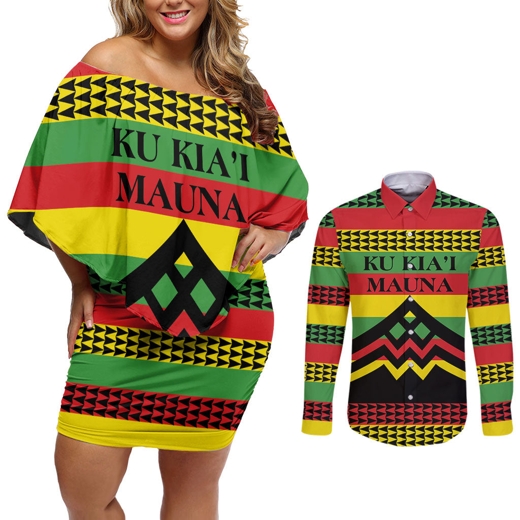 Hawaii Ku Kia'i Mauna Personalized Couples Matching Off Shoulder Short Dress and Long Sleeve Button Shirt Hawaiian Kanaka Maoli Motif