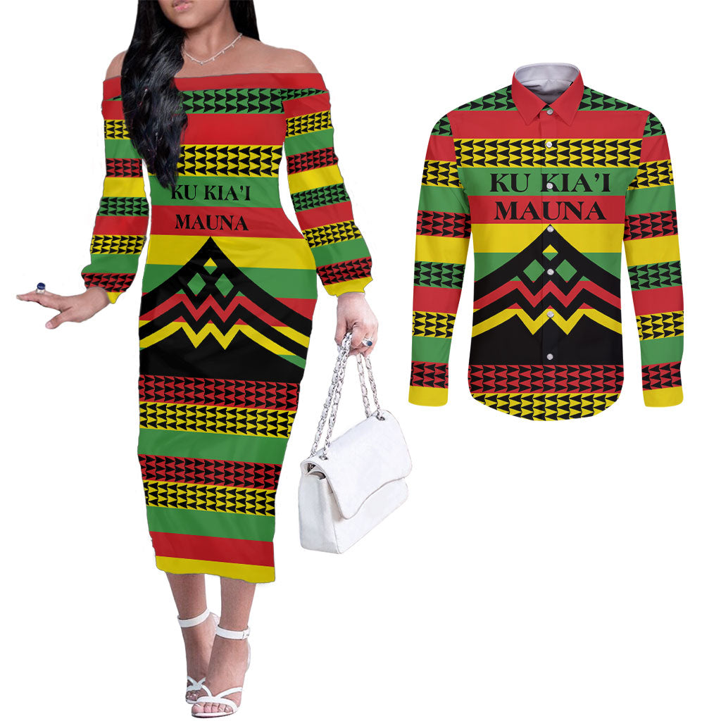Hawaii Ku Kia'i Mauna Personalized Couples Matching Off The Shoulder Long Sleeve Dress and Long Sleeve Button Shirt Hawaiian Kanaka Maoli Motif LT9 Green - Polynesian Pride