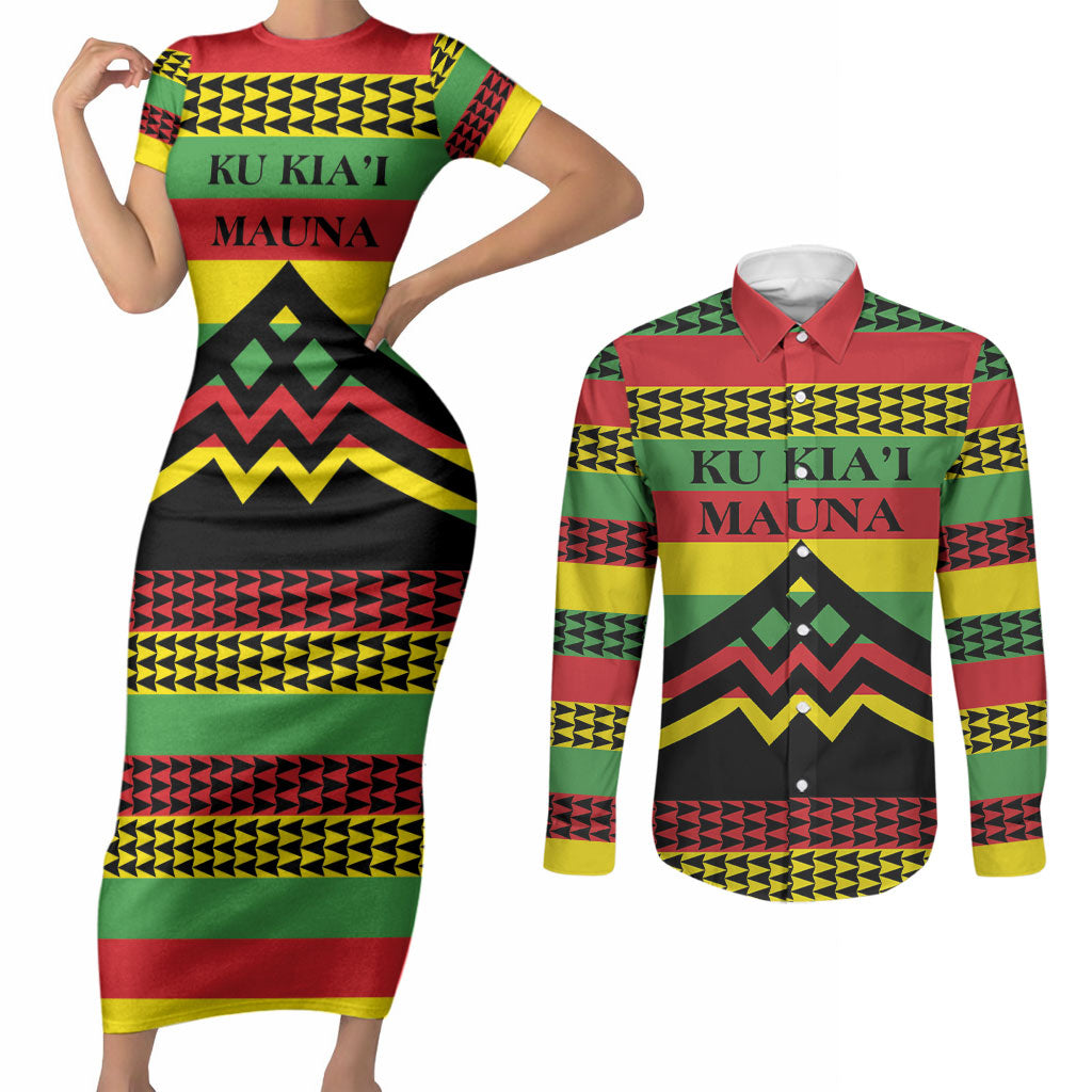 Hawaii Ku Kia'i Mauna Personalized Couples Matching Short Sleeve Bodycon Dress and Long Sleeve Button Shirt Hawaiian Kanaka Maoli Motif LT9 Green - Polynesian Pride