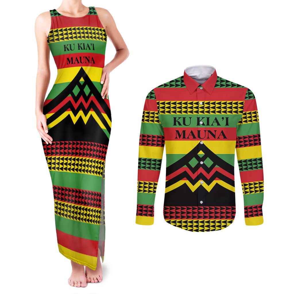 Hawaii Ku Kia'i Mauna Personalized Couples Matching Tank Maxi Dress and Long Sleeve Button Shirt Hawaiian Kanaka Maoli Motif