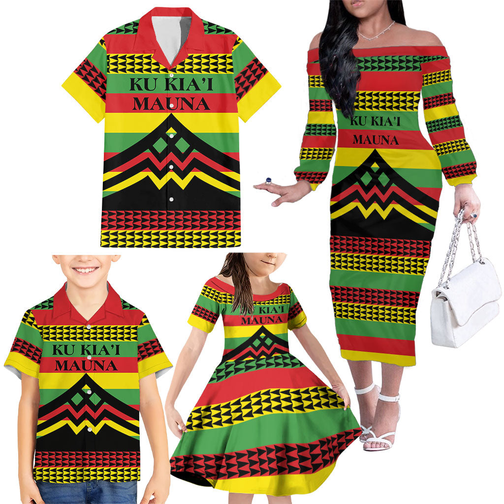 Hawaii Ku Kia'i Mauna Personalized Family Matching Off The Shoulder Long Sleeve Dress and Hawaiian Shirt Hawaiian Kanaka Maoli Motif LT9 - Polynesian Pride
