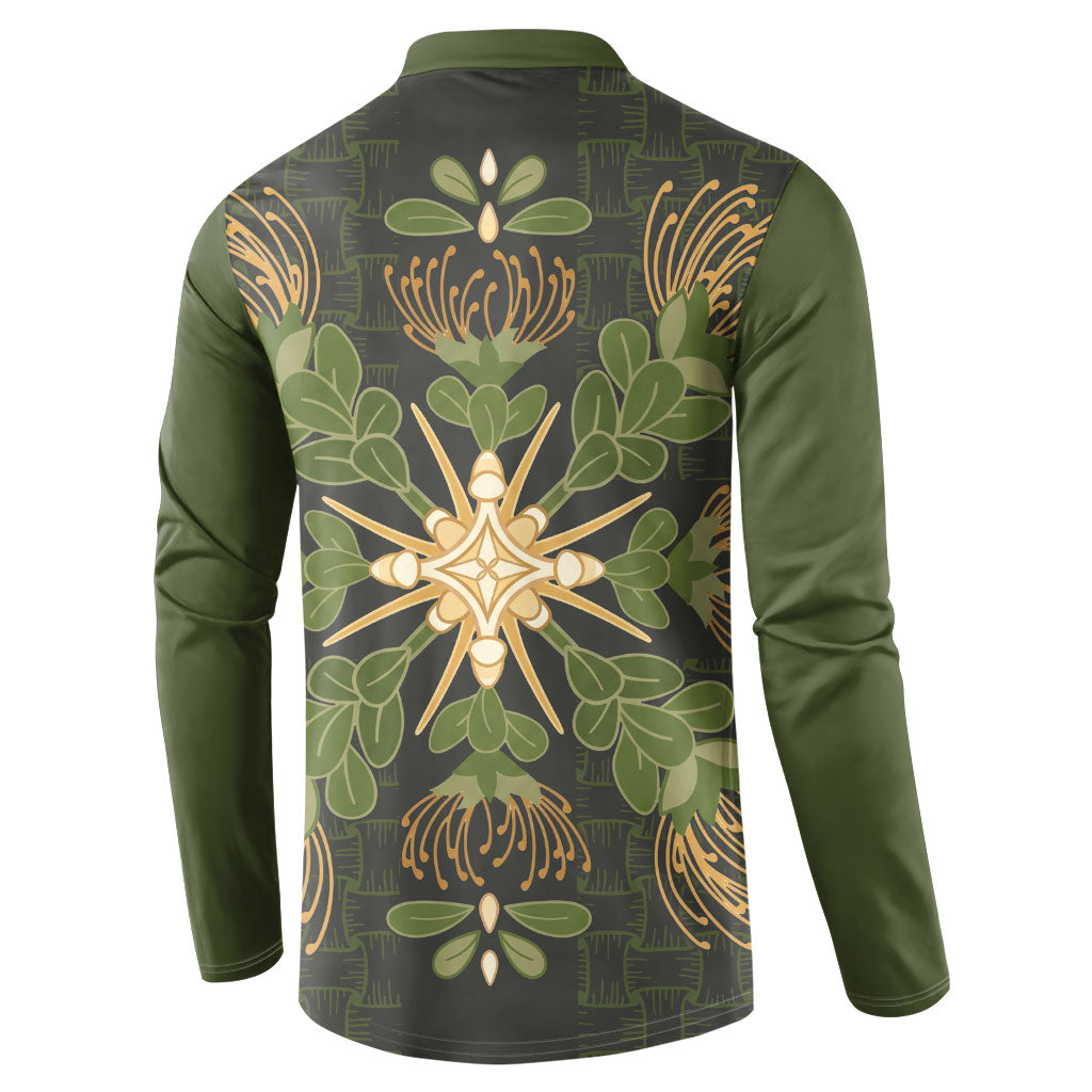 Hawaii Ohia Lehua Squares Button Sweatshirt Hawaiian Quilt Inspired Floral Pattern