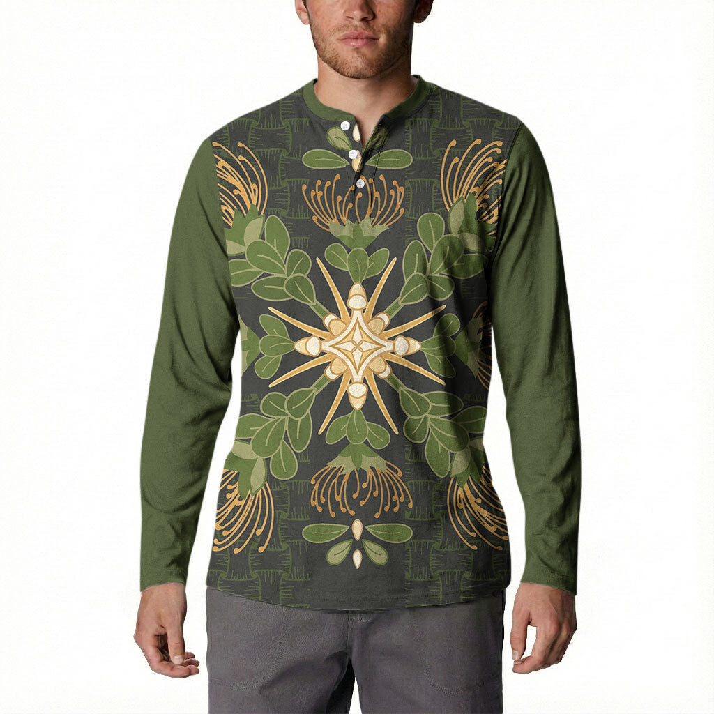 Hawaii Ohia Lehua Squares Button Sweatshirt Hawaiian Quilt Inspired Floral Pattern