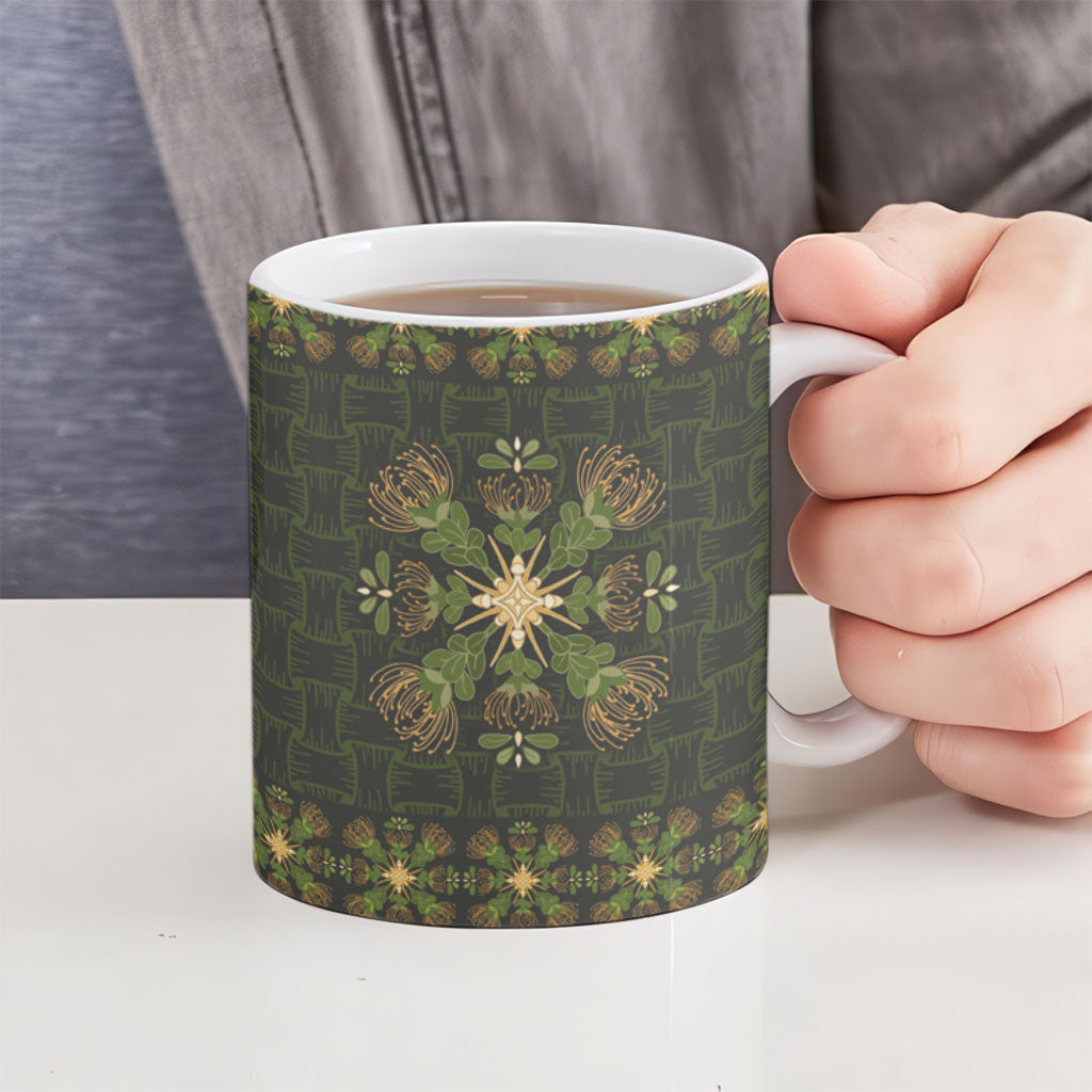 Hawaii Ohia Lehua Squares Ceramic Mug Hawaiian Quilt Inspired Floral Pattern