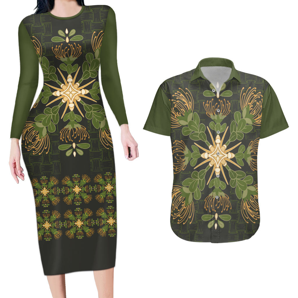 Hawaii Ohia Lehua Squares Couples Matching Long Sleeve Bodycon Dress and Hawaiian Shirt Hawaiian Quilt Inspired Floral Pattern LT9 Green - Polynesian Pride