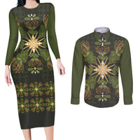 Hawaii Ohia Lehua Squares Couples Matching Long Sleeve Bodycon Dress and Long Sleeve Button Shirt Hawaiian Quilt Inspired Floral Pattern