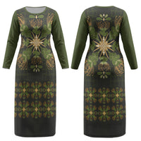 Hawaii Ohia Lehua Squares Couples Matching Long Sleeve Bodycon Dress and Long Sleeve Button Shirt Hawaiian Quilt Inspired Floral Pattern LT9