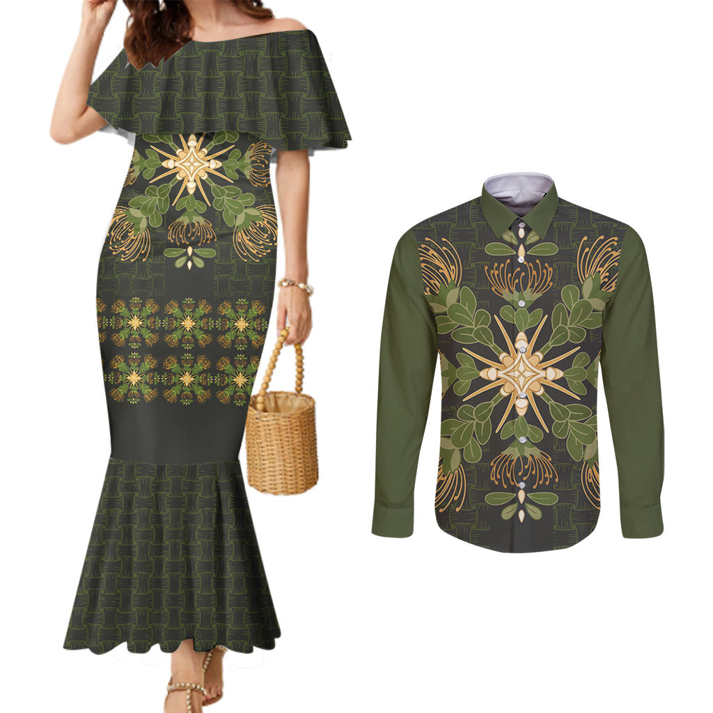 Hawaii Ohia Lehua Squares Couples Matching Mermaid Dress and Long Sleeve Button Shirt Hawaiian Quilt Inspired Floral Pattern