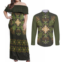 Hawaii Ohia Lehua Squares Couples Matching Off Shoulder Maxi Dress and Long Sleeve Button Shirt Hawaiian Quilt Inspired Floral Pattern