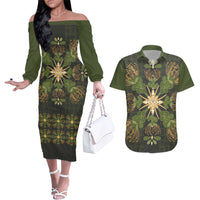 Hawaii Ohia Lehua Squares Couples Matching Off The Shoulder Long Sleeve Dress and Hawaiian Shirt Hawaiian Quilt Inspired Floral Pattern