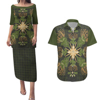 Hawaii Ohia Lehua Squares Couples Matching Puletasi and Hawaiian Shirt Hawaiian Quilt Inspired Floral Pattern