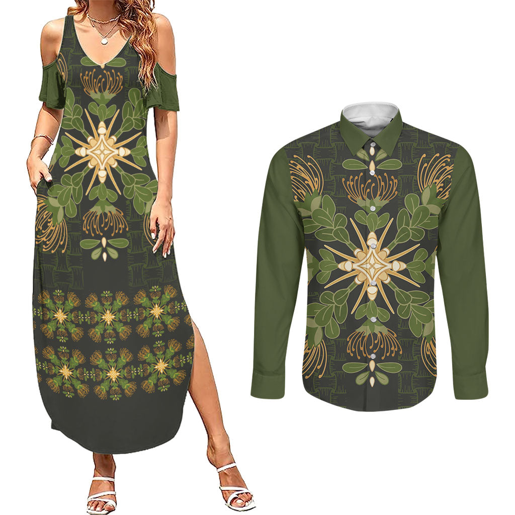 Hawaii Ohia Lehua Squares Couples Matching Summer Maxi Dress and Long Sleeve Button Shirt Hawaiian Quilt Inspired Floral Pattern LT9 Green - Polynesian Pride