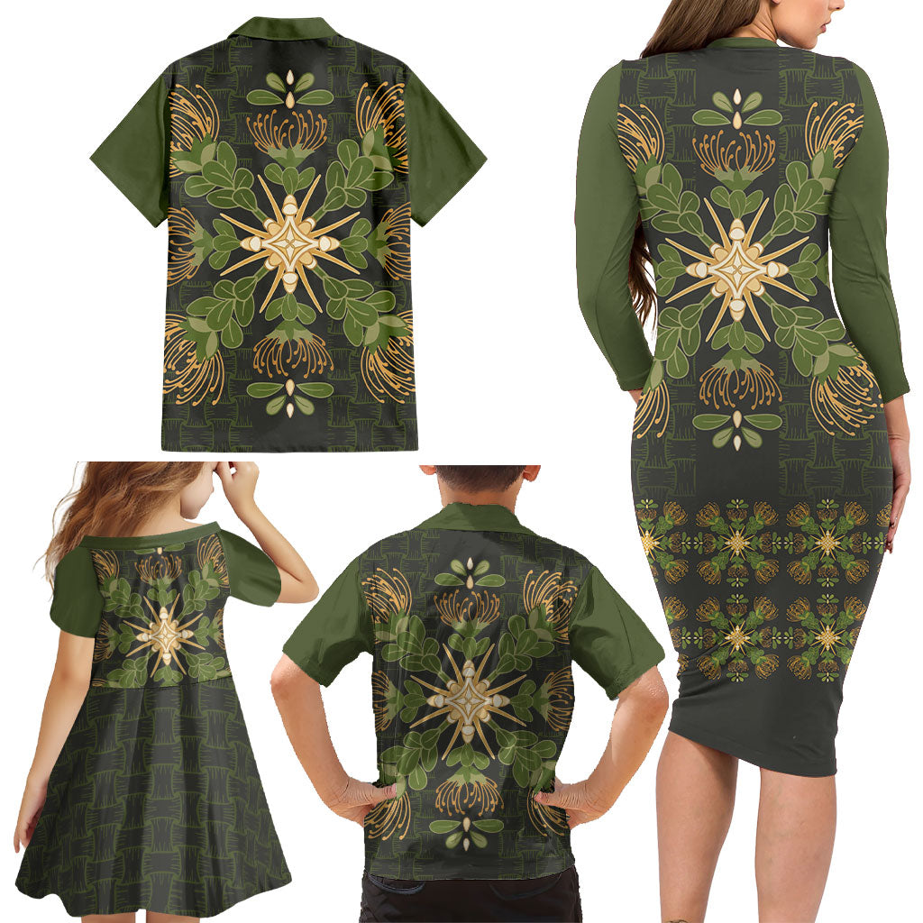 Hawaii Ohia Lehua Squares Family Matching Long Sleeve Bodycon Dress and Hawaiian Shirt Hawaiian Quilt Inspired Floral Pattern