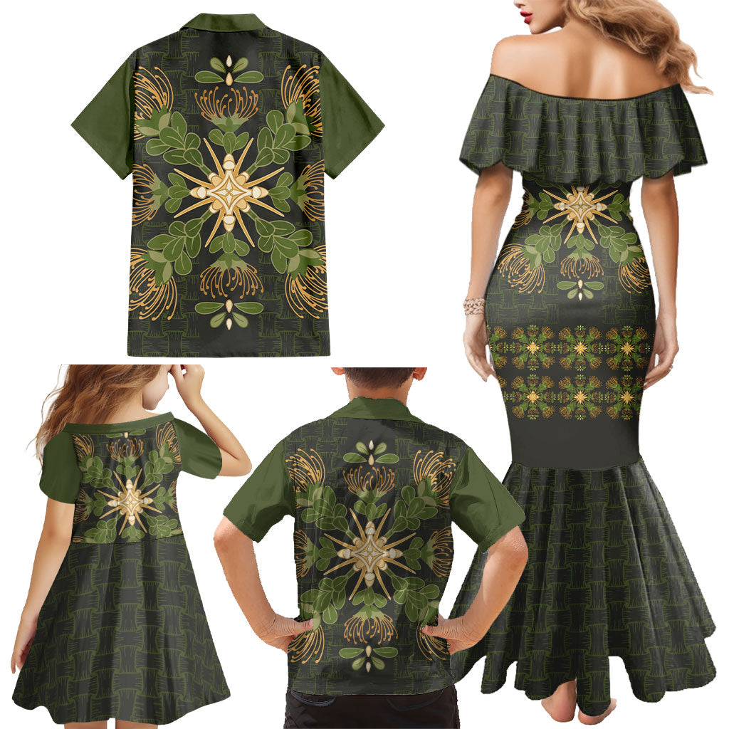 Hawaii Ohia Lehua Squares Family Matching Mermaid Dress and Hawaiian Shirt Hawaiian Quilt Inspired Floral Pattern