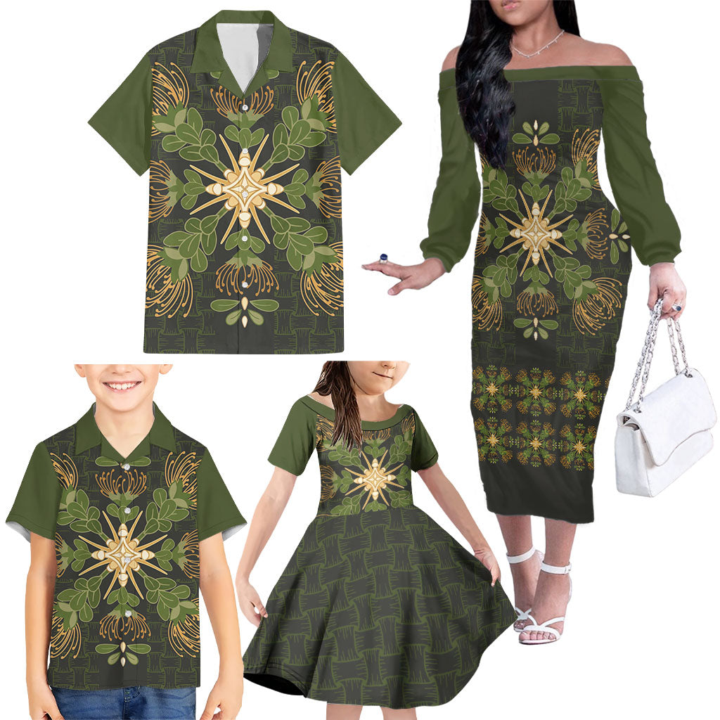 Hawaii Ohia Lehua Squares Family Matching Off The Shoulder Long Sleeve Dress and Hawaiian Shirt Hawaiian Quilt Inspired Floral Pattern LT9 - Polynesian Pride