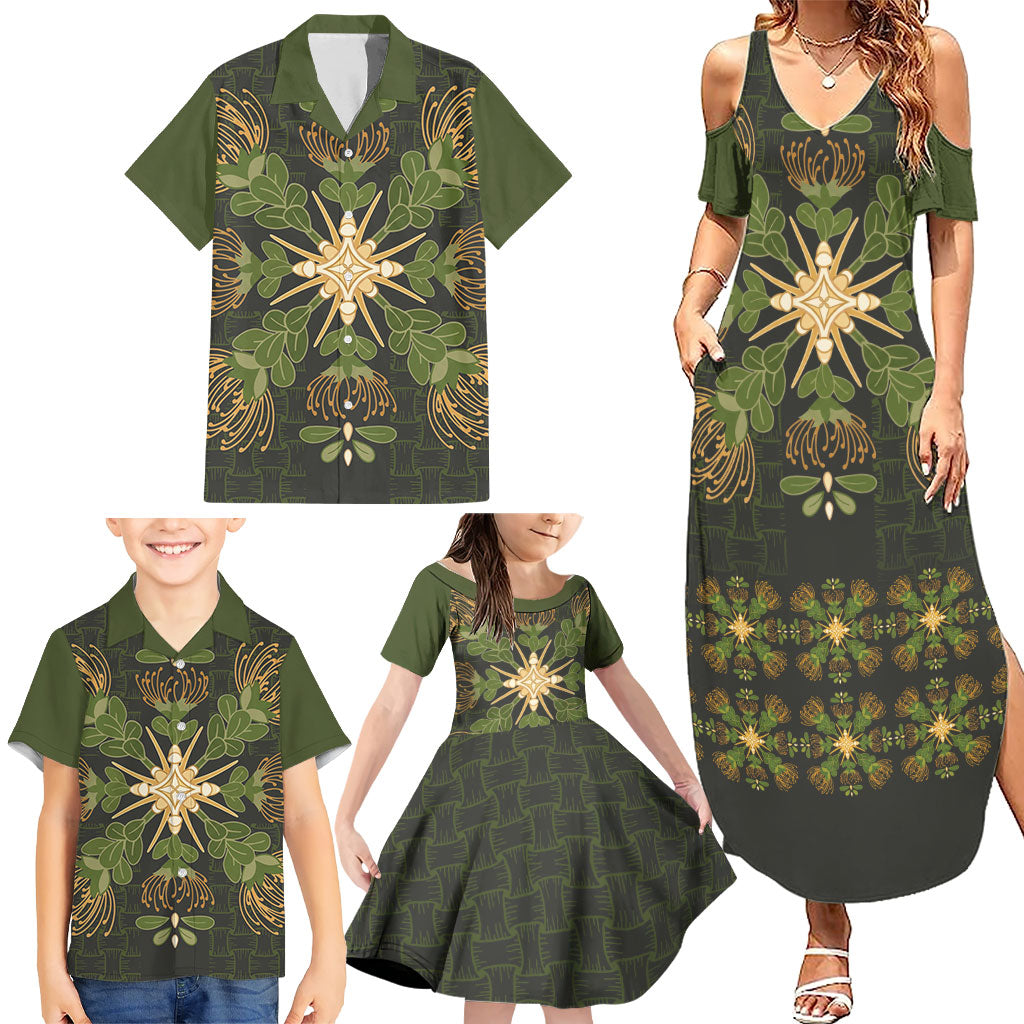 Hawaii Ohia Lehua Squares Family Matching Summer Maxi Dress and Hawaiian Shirt Hawaiian Quilt Inspired Floral Pattern