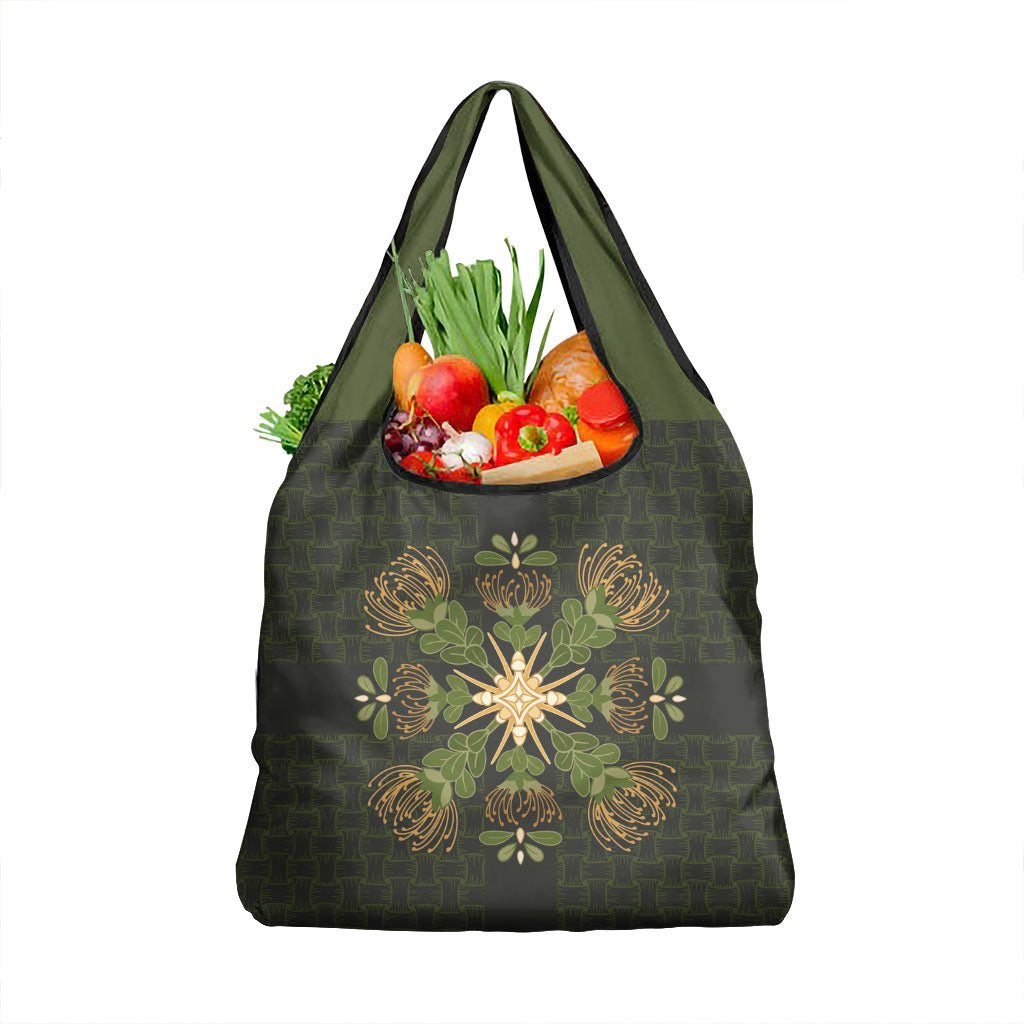Hawaii Ohia Lehua Squares Grocery Bag Hawaiian Quilt Inspired Floral Pattern LT9 1-pack One Size Green - Polynesian Pride