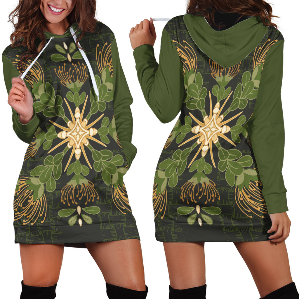 Hawaii Ohia Lehua Squares Hoodie Dress Hawaiian Quilt Inspired Floral Pattern
