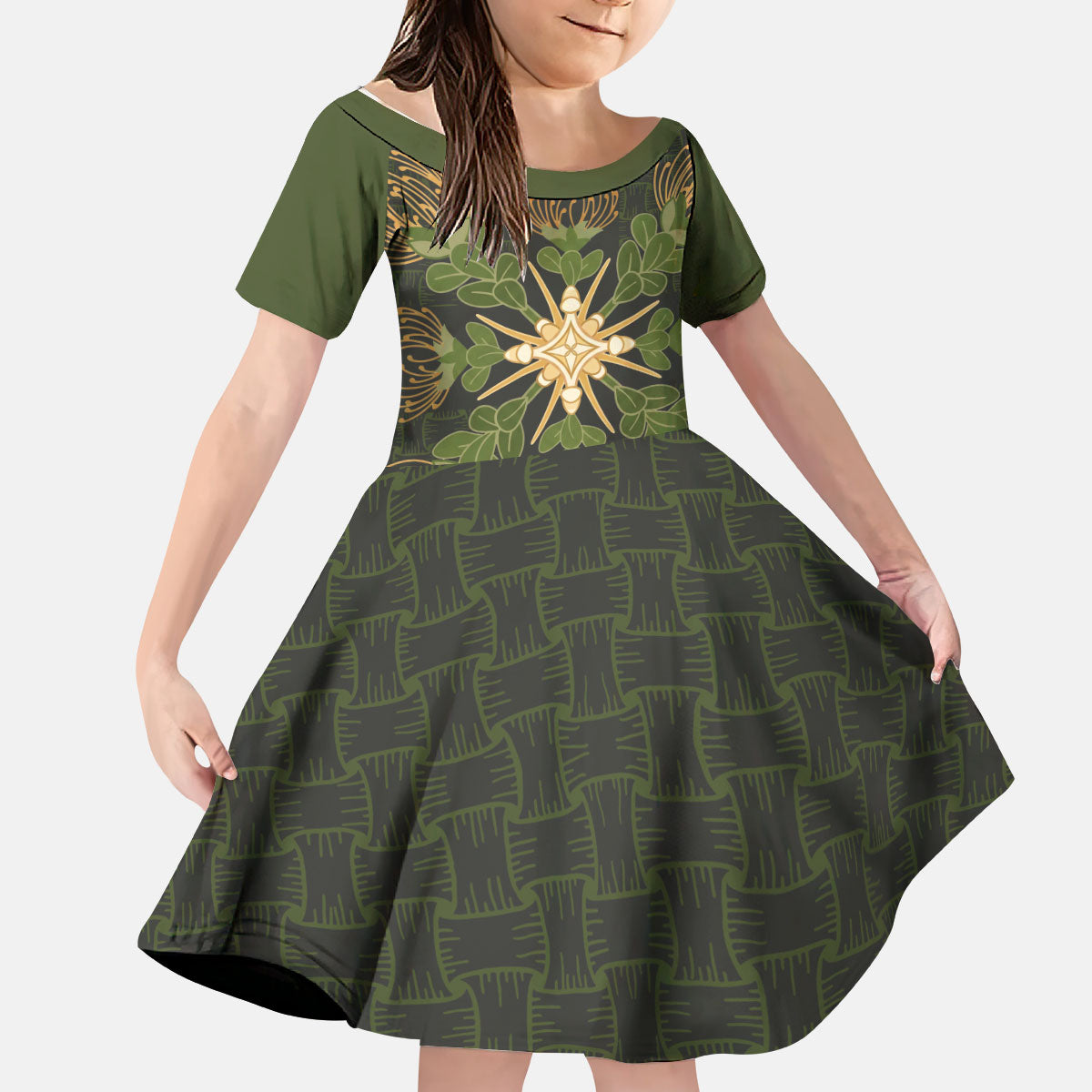 Hawaii Ohia Lehua Squares Kid Short Sleeve Dress Hawaiian Quilt Inspired Floral Pattern LT9 KID Green - Polynesian Pride