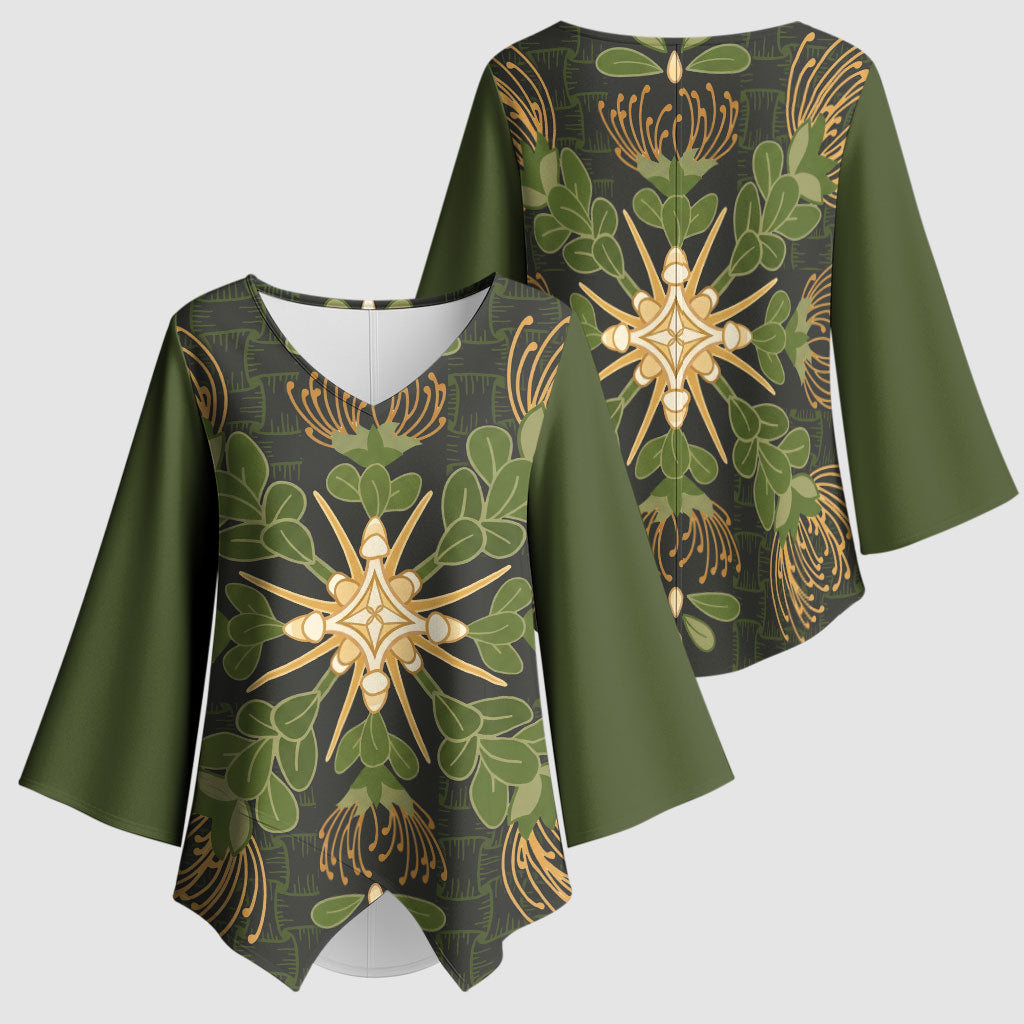 Hawaii Ohia Lehua Squares Kimono Sleeve Blouse Hawaiian Quilt Inspired Floral Pattern