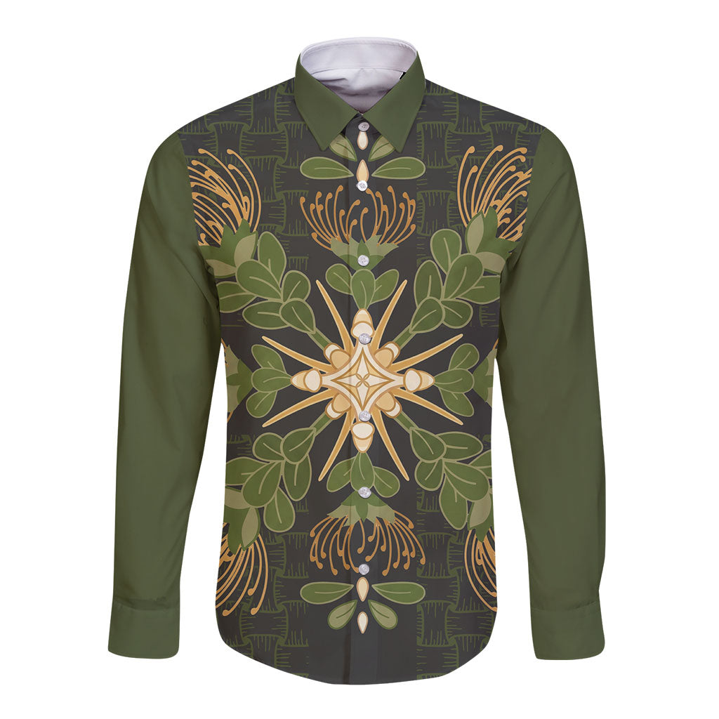 Hawaii Ohia Lehua Squares Long Sleeve Button Shirt Hawaiian Quilt Inspired Floral Pattern LT9 Unisex Green - Polynesian Pride