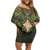 Hawaii Ohia Lehua Squares Off Shoulder Short Dress Hawaiian Quilt Inspired Floral Pattern