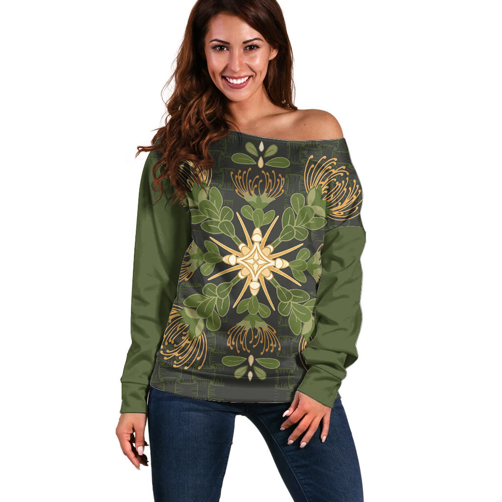 Hawaii Ohia Lehua Squares Off Shoulder Sweater Hawaiian Quilt Inspired Floral Pattern
