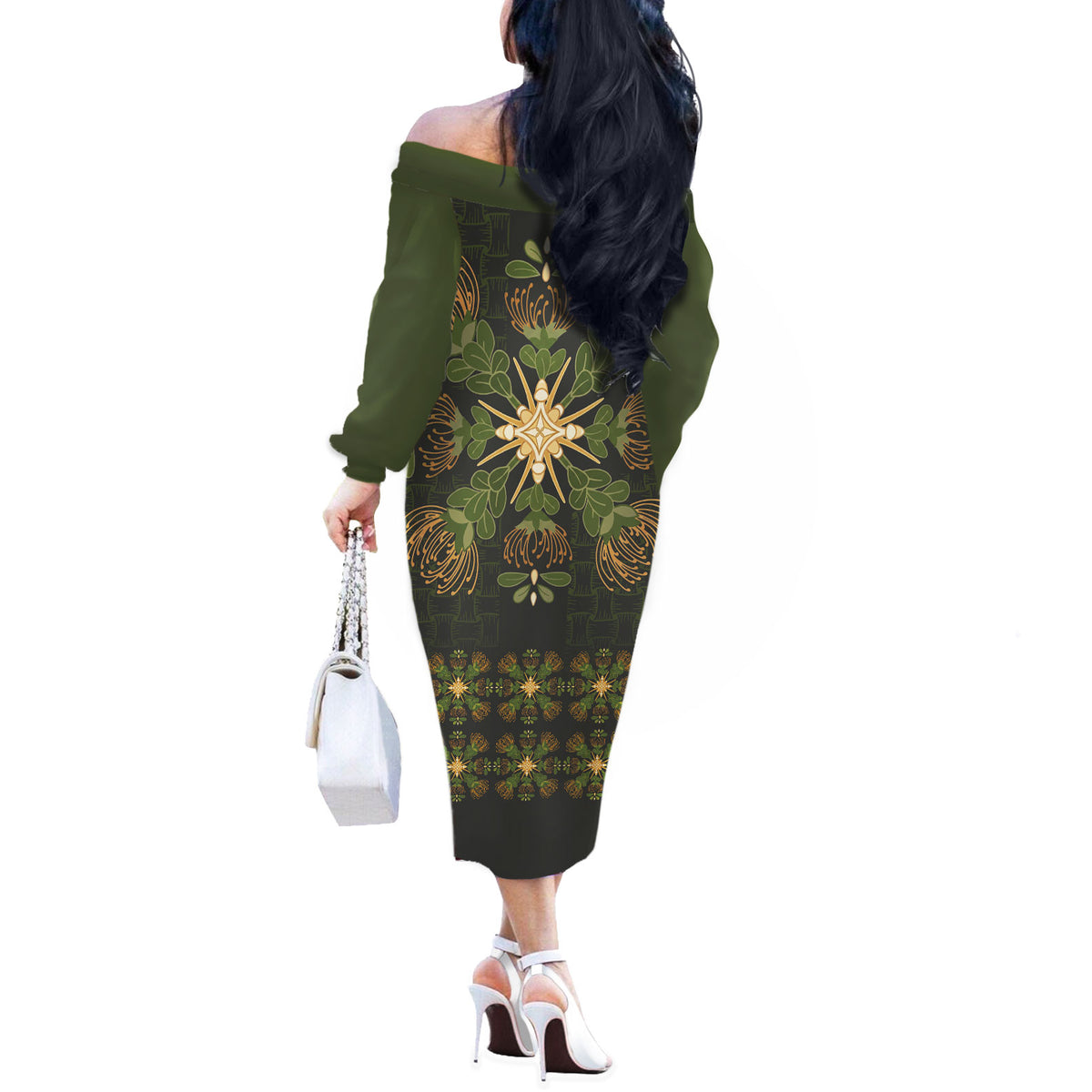 Hawaii Ohia Lehua Squares Off The Shoulder Long Sleeve Dress Hawaiian Quilt Inspired Floral Pattern