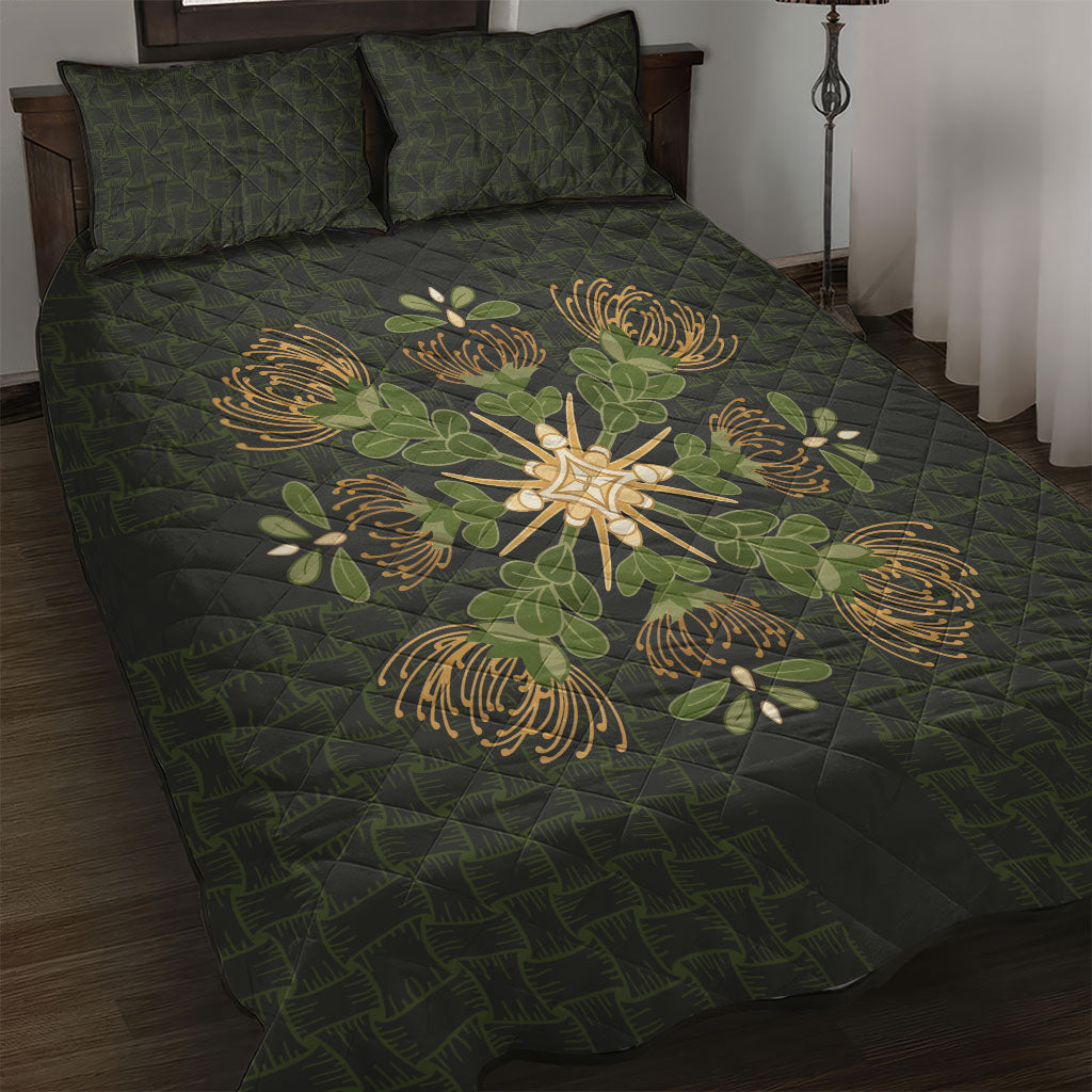 Hawaii Ohia Lehua Squares Quilt Bed Set Hawaiian Quilt Inspired Floral Pattern LT9 Green - Polynesian Pride