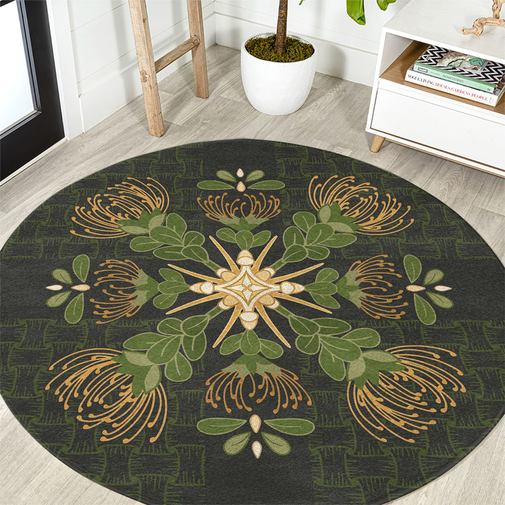 Hawaii Ohia Lehua Squares Round Carpet Hawaiian Quilt Inspired Floral Pattern LT9 Green - Polynesian Pride