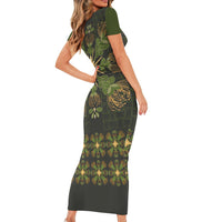 Hawaii Ohia Lehua Squares Short Sleeve Bodycon Dress Hawaiian Quilt Inspired Floral Pattern