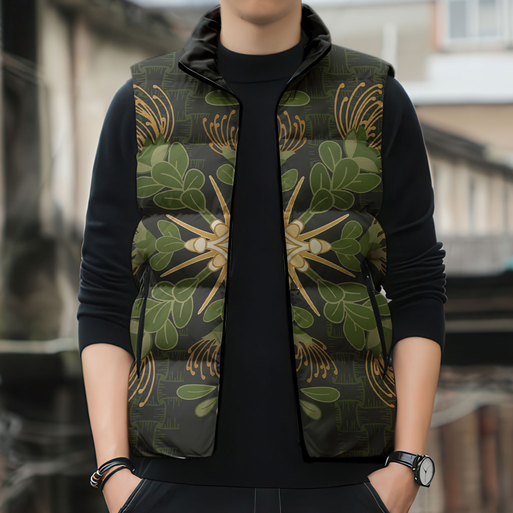 Hawaii Ohia Lehua Squares Sleeveless Puffer Jacket Hawaiian Quilt Inspired Floral Pattern