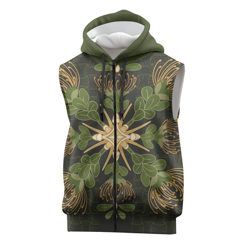 Hawaii Ohia Lehua Squares Sleeveless Zip Hoodie Hawaiian Quilt Inspired Floral Pattern LT9 Green - Polynesian Pride