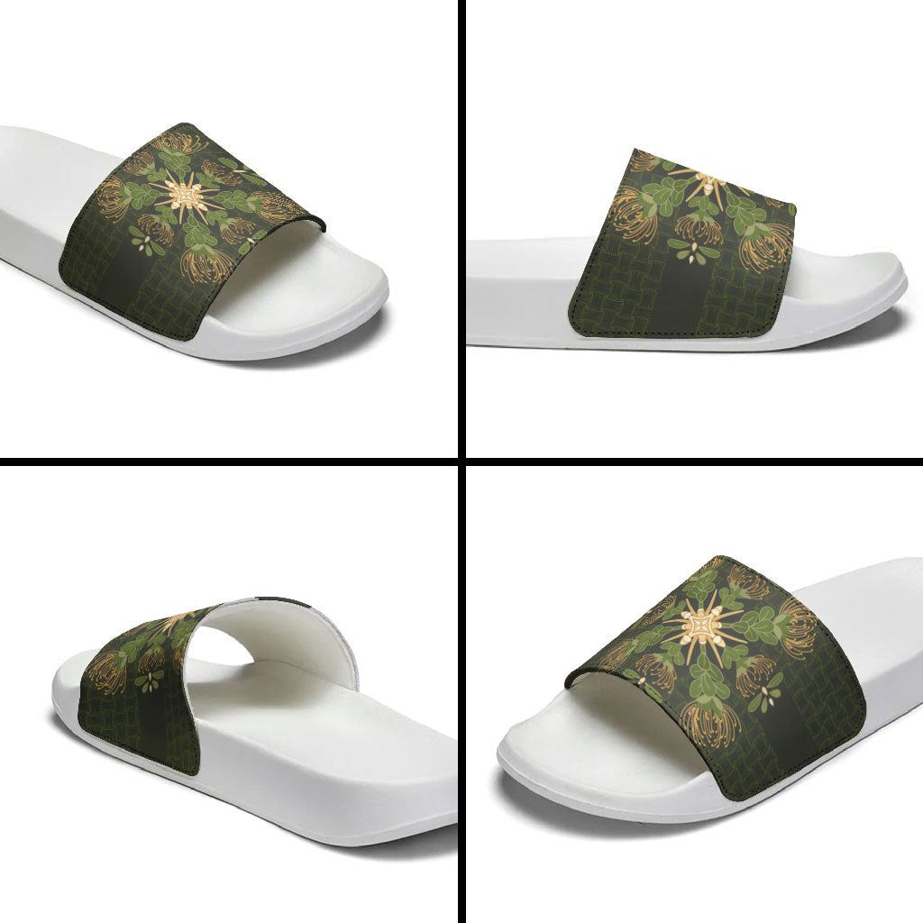 Hawaii Ohia Lehua Squares Slide Sandals Hawaiian Quilt Inspired Floral Pattern