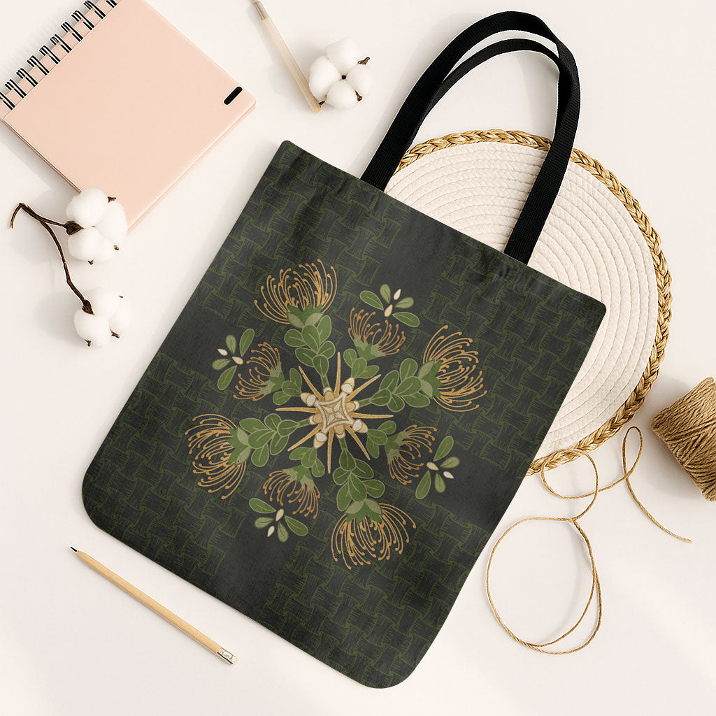 Hawaii Ohia Lehua Squares Tote Bag Hawaiian Quilt Inspired Floral Pattern LT9 Black Strap One Size Green - Polynesian Pride