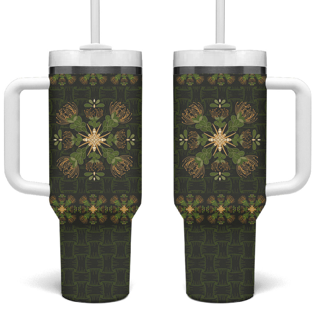 Hawaii Ohia Lehua Squares Tumbler With Handle Hawaiian Quilt Inspired Floral Pattern LT9 One Size: 40 oz Green - Polynesian Pride