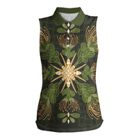 Hawaii Ohia Lehua Squares Women Sleeveless Polo Shirt Hawaiian Quilt Inspired Floral Pattern